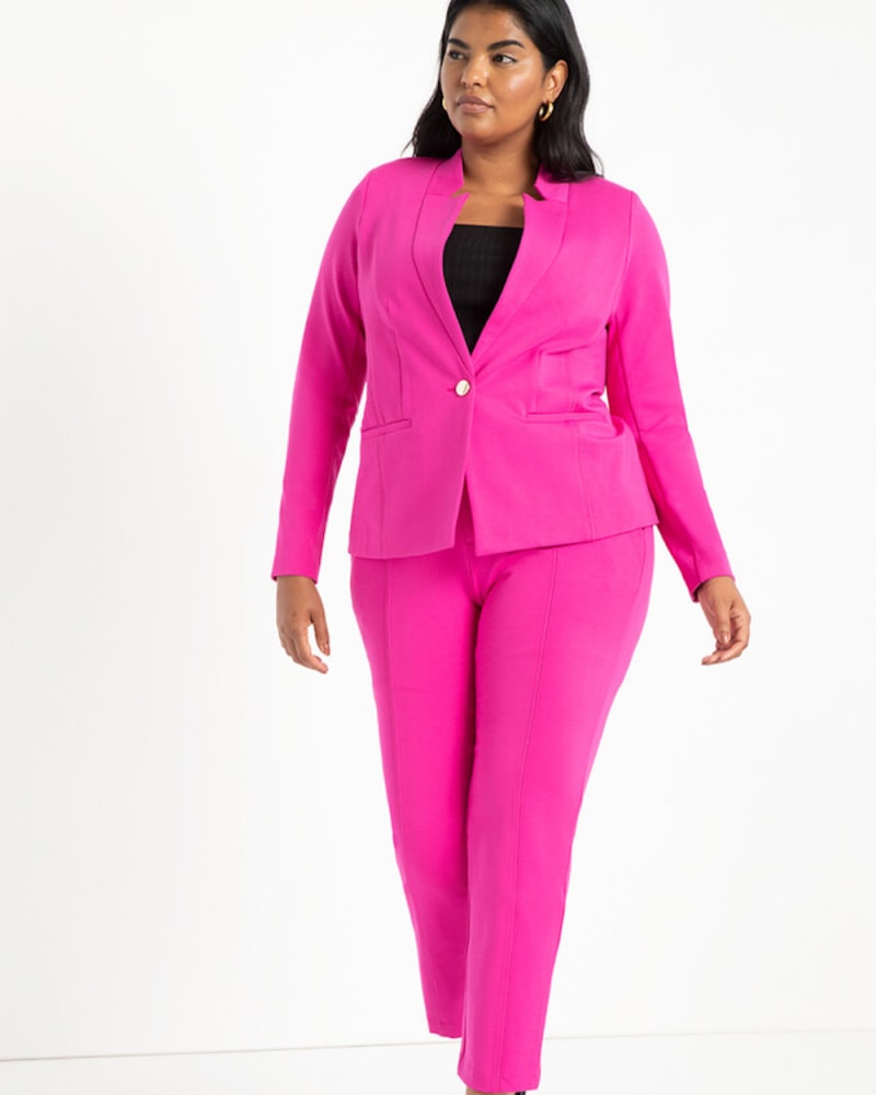 Front of a model wearing a size 16 Short The Ultimate Stretch Suit Pintuck Pant in Berry by ELOQUII. | dia_product_style_image_id:315314